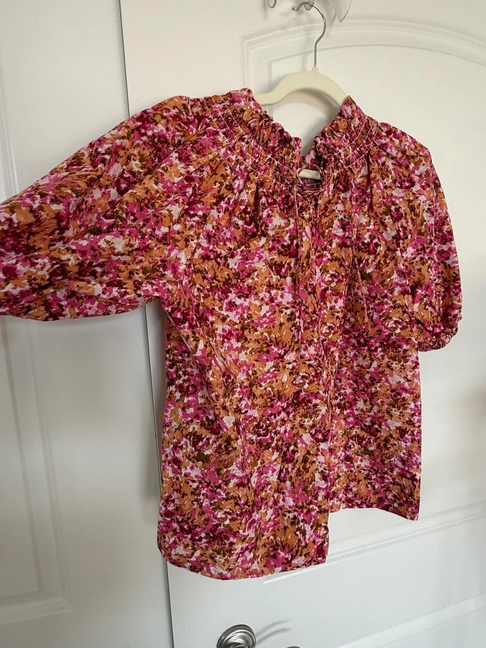 J. Crew Pink and Orange Floral Smocked Neck Blouse